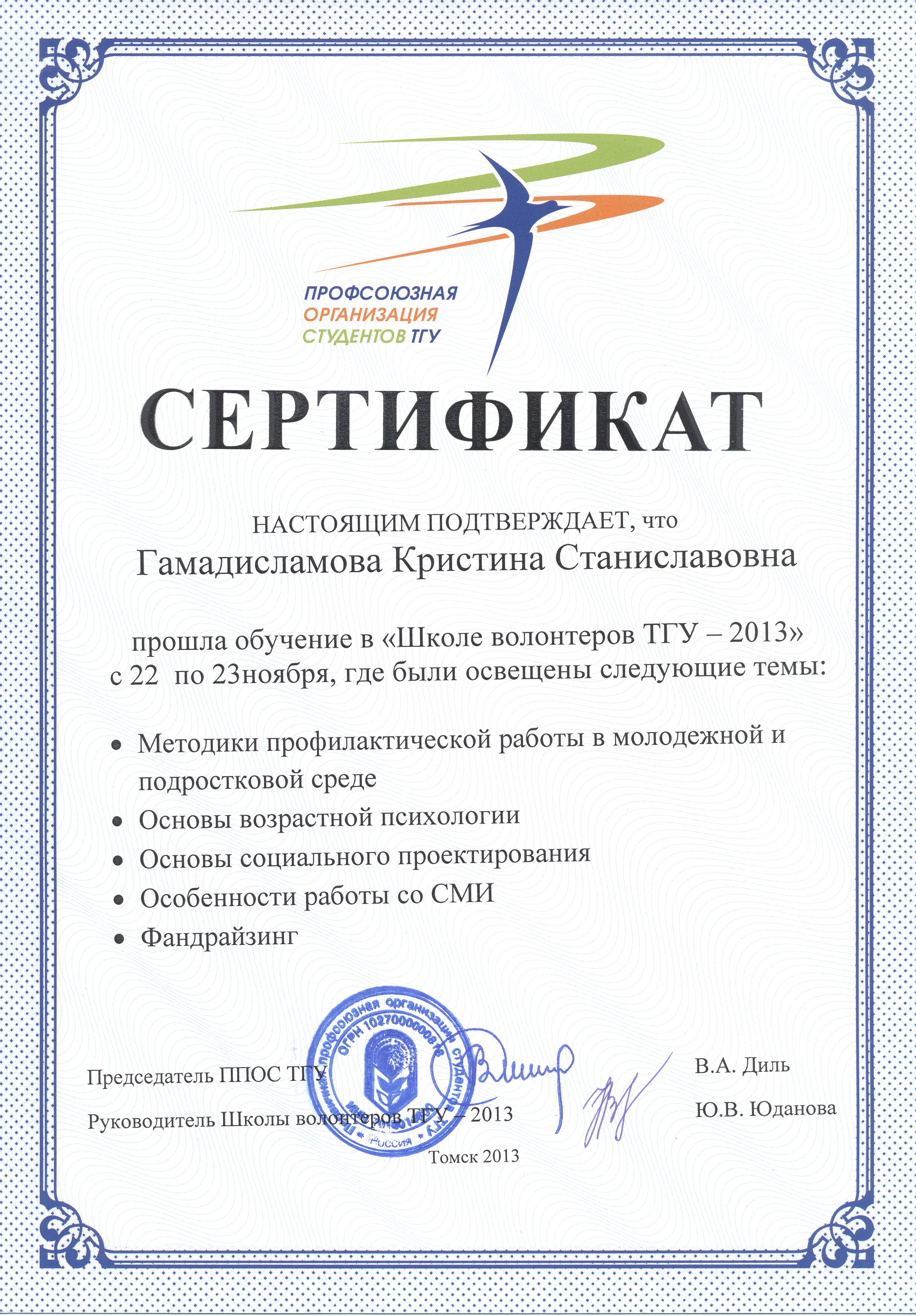 Сертификат Гамадисламовой Кристины