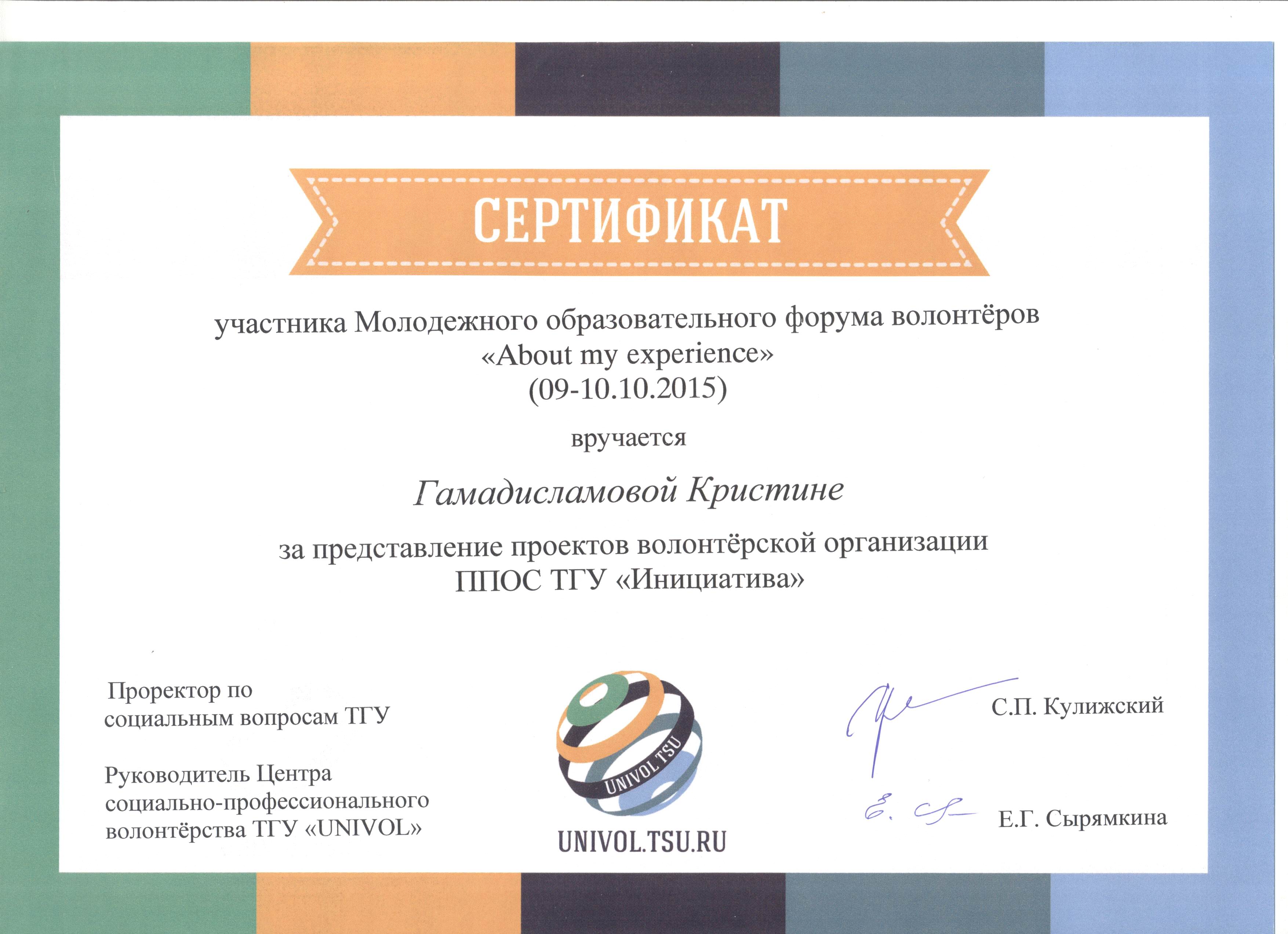 Сертификат Гамадисламовой Кристине