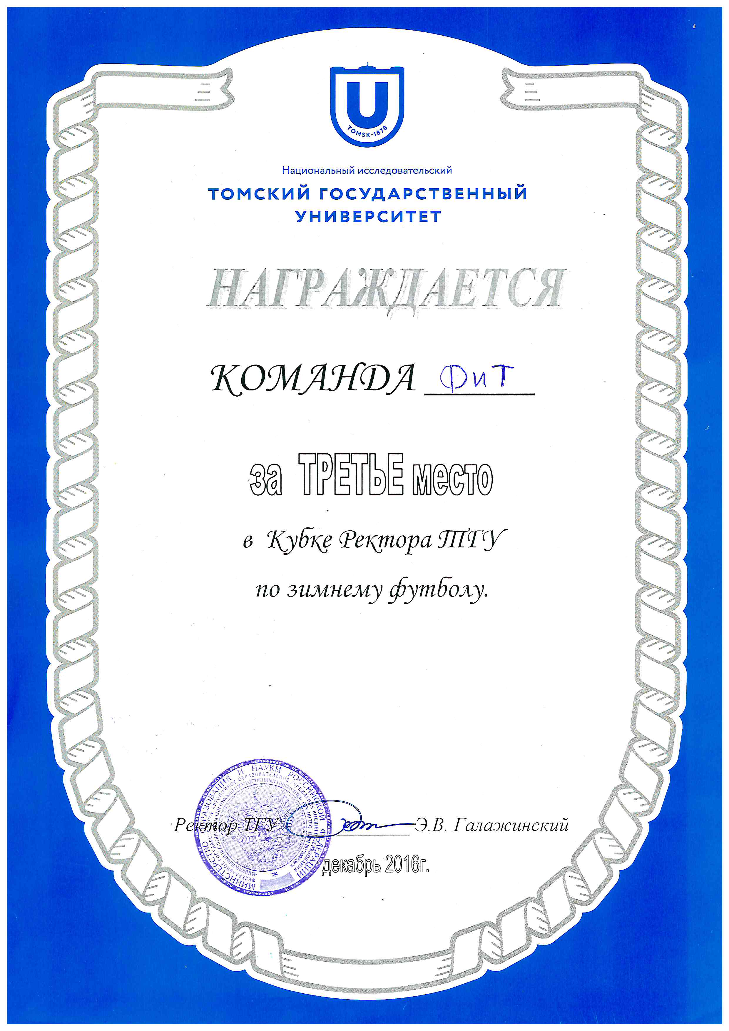 Диплом 3 место в Кубке Ректора ТГУ