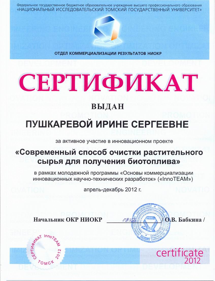 Сертификат Пушкаревой Ирины